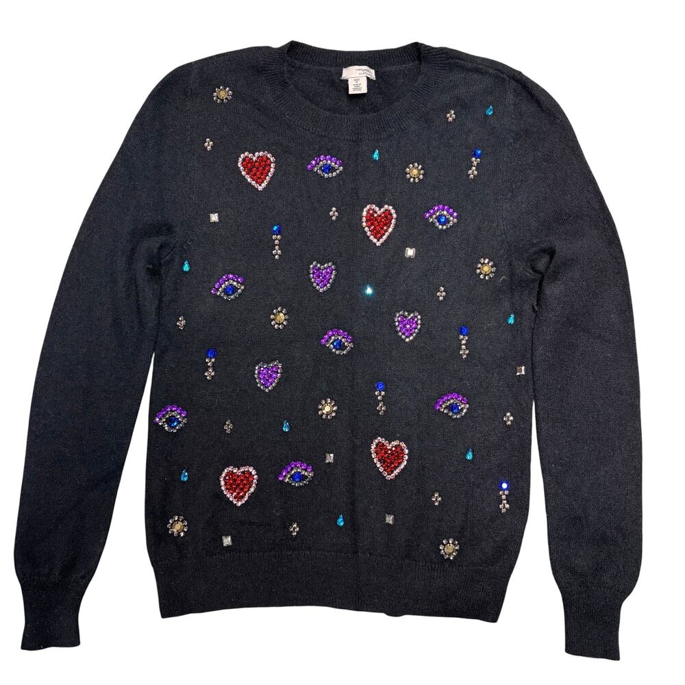 Halogen Cashmere Sweater Womens 2XS XXS Black Rhinestone Embellish Knit Heart